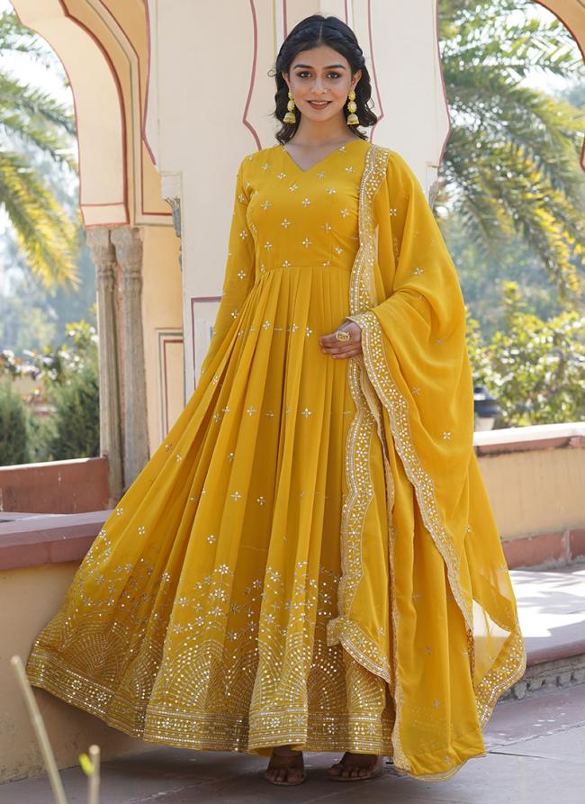 Georgette Yellow Reception Wear Embroidery Work Readymade Gown With Dupatta